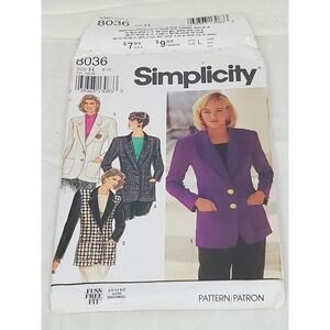 Simplicity 8036 Misses Petite Lined Blazer Sewing Pattern Size H 6-8-10 Vintage